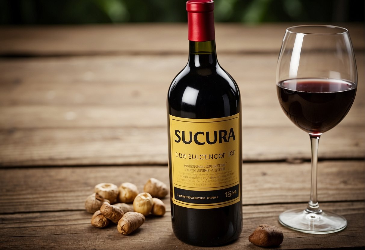 A bottle of wine with a label showing "Sucupira" surrounded by caution signs and a list of contraindications