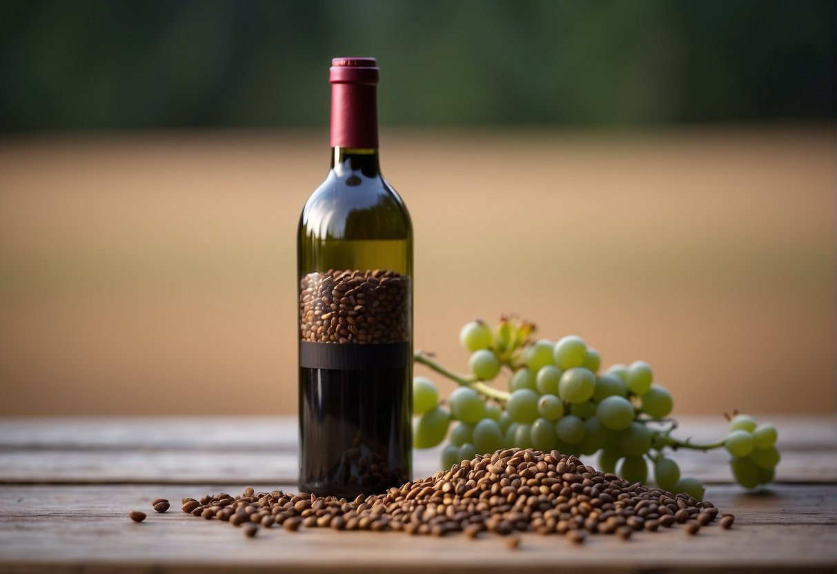 A bottle of wine with a handful of sucupira seeds floating inside