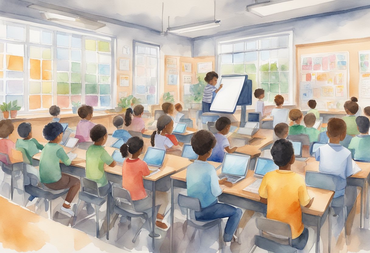 A classroom filled with diverse students engaging with AI technology and educational tools under the guidance of a teacher