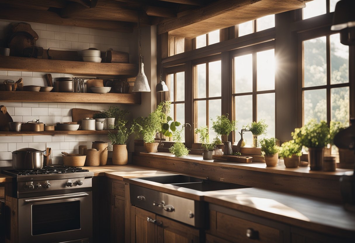 A dimly lit farmhouse kitchen with rustic wooden cabinets, vintage appliances, and soft natural light filtering through the windows