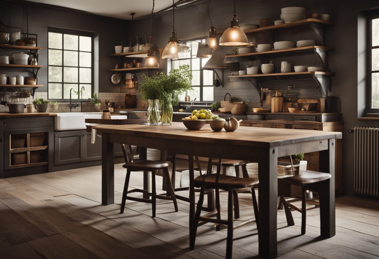 The farmhouse kitchen is dimly lit with rustic wooden cabinets, vintage pendant lights, and a distressed farmhouse table with mismatched chairs. A large farmhouse sink and open shelving add to the moody aesthetic