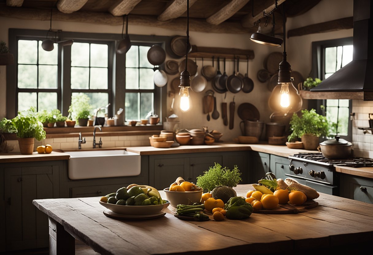 A dimly lit farmhouse kitchen with rustic wooden beams, vintage pendant lights, and a distressed farmhouse table adorned with fresh produce and antique kitchen utensils