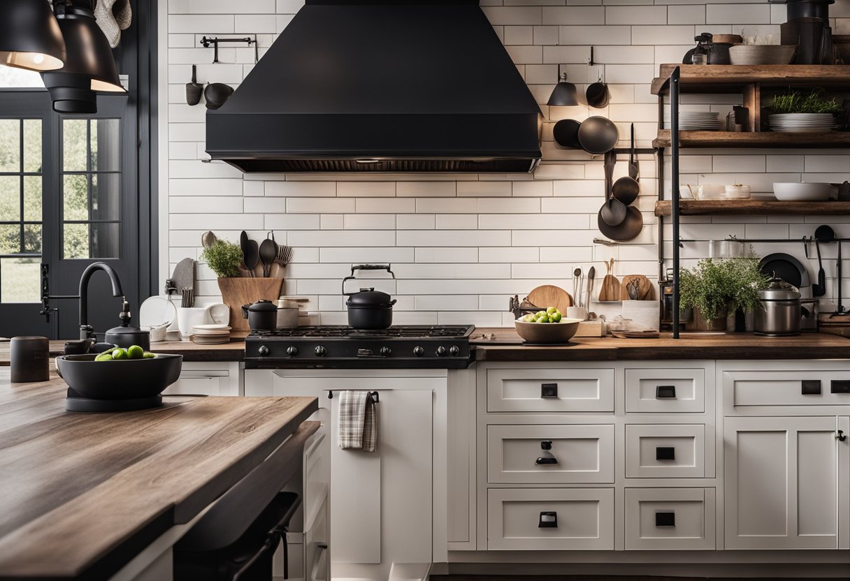 Dark wood countertops contrast with aged white cabinets in a rustic farmhouse kitchen. Matte black fixtures and distressed metal accents add to the moody atmosphere