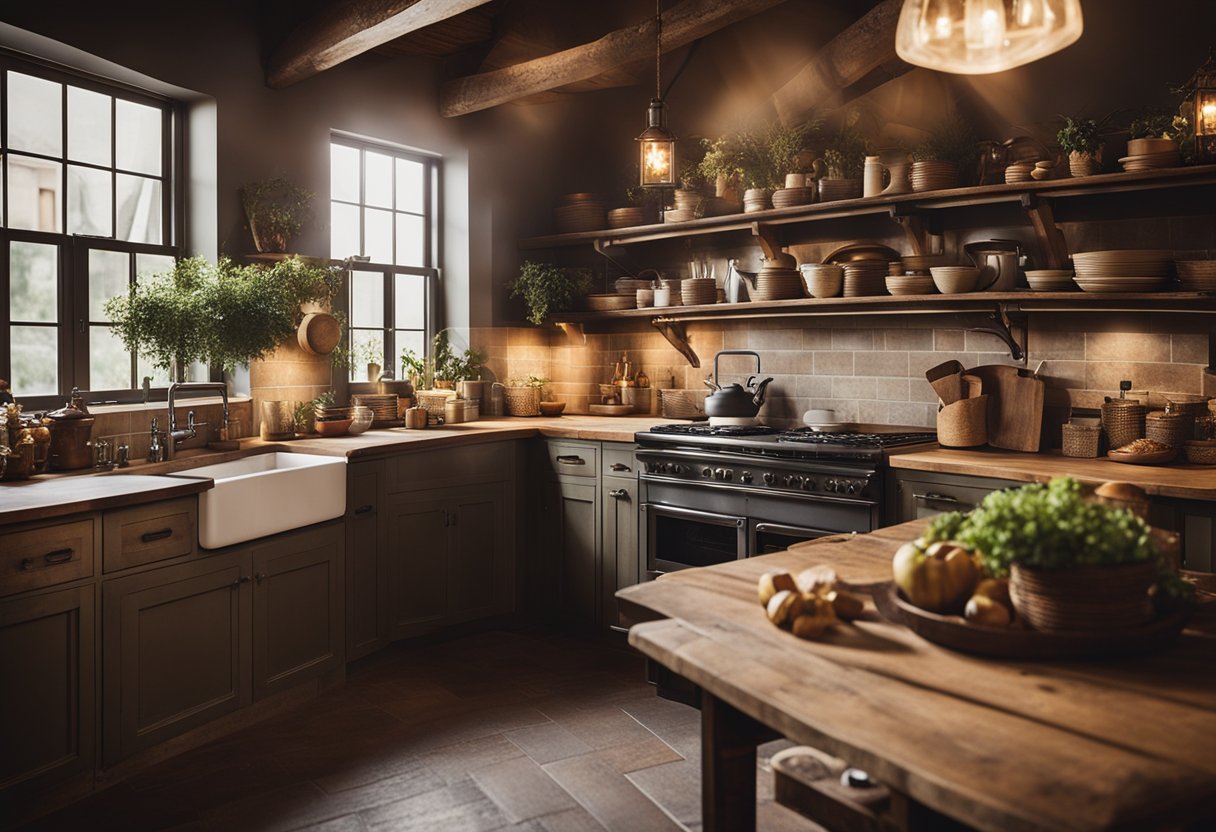 A rustic farmhouse kitchen with vintage decor, dim lighting, and rich earthy tones