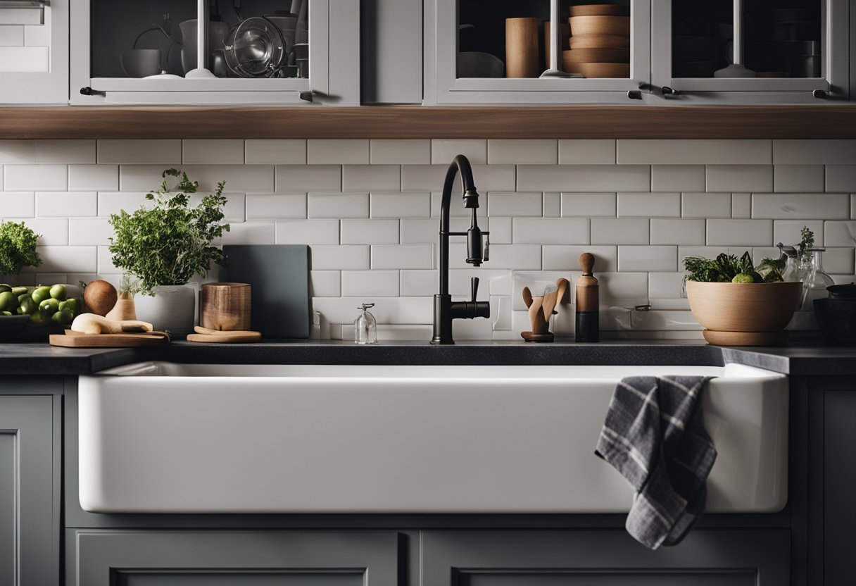 A person chooses a farmhouse sink from a selection of 17 options in a moody farmhouse kitchen