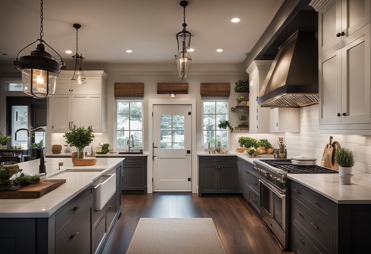 A cozy farmhouse kitchen with dark wood flooring, contrasting with white cabinets and vintage fixtures. Subtle lighting adds to the moody atmosphere