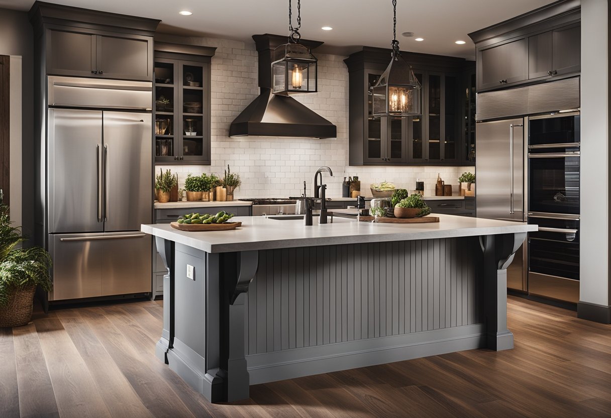 A rustic farmhouse kitchen with a bold statement island as the focal point, featuring moody lighting and cozy ambiance