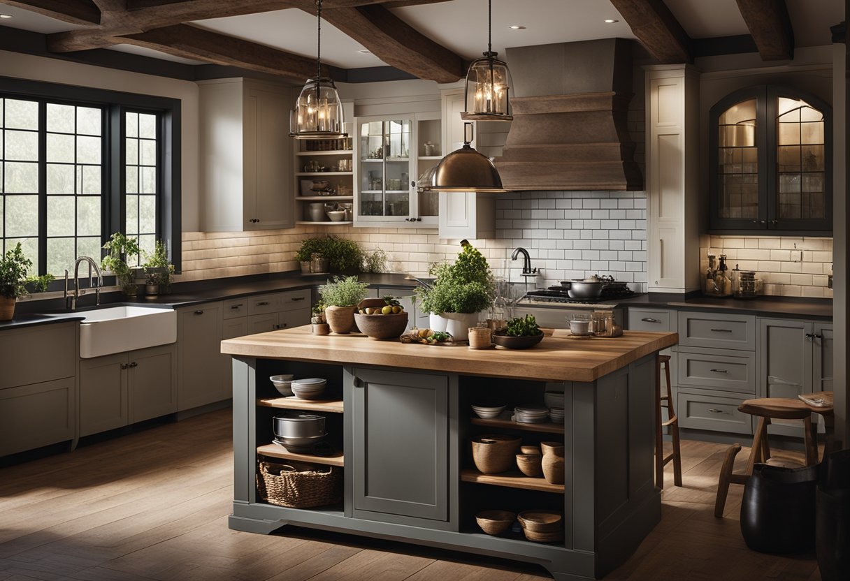 A farmhouse kitchen with rustic appliances, blending functionality and style. Moody lighting adds depth to the scene