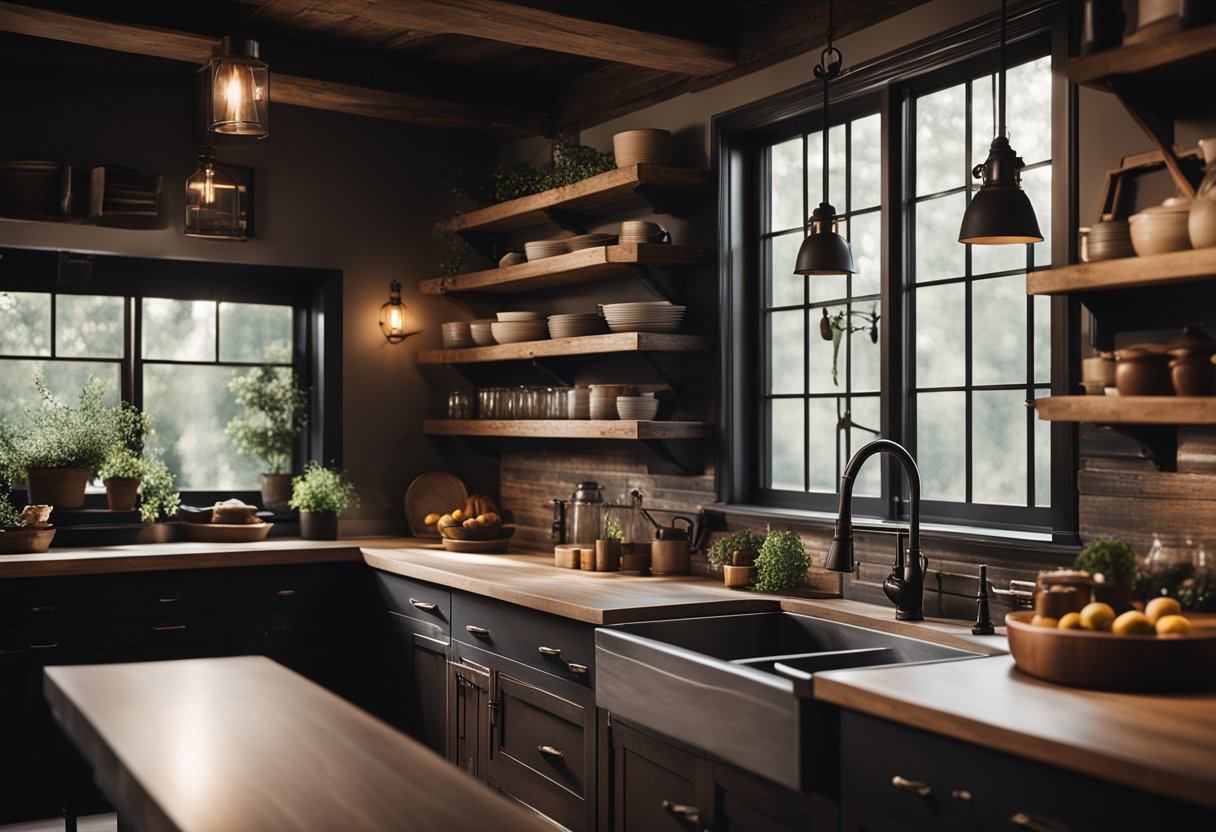 A rustic farmhouse kitchen with dark wooden accents, vintage metal hardware, and moody lighting creating a cozy, intimate atmosphere