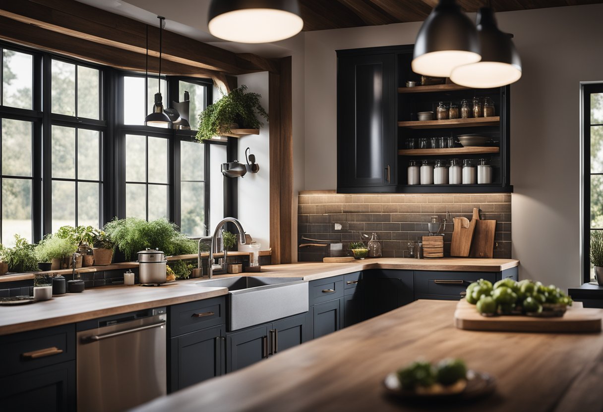 A modern farmhouse kitchen with sleek technology blending seamlessly into the rustic, moody ambiance