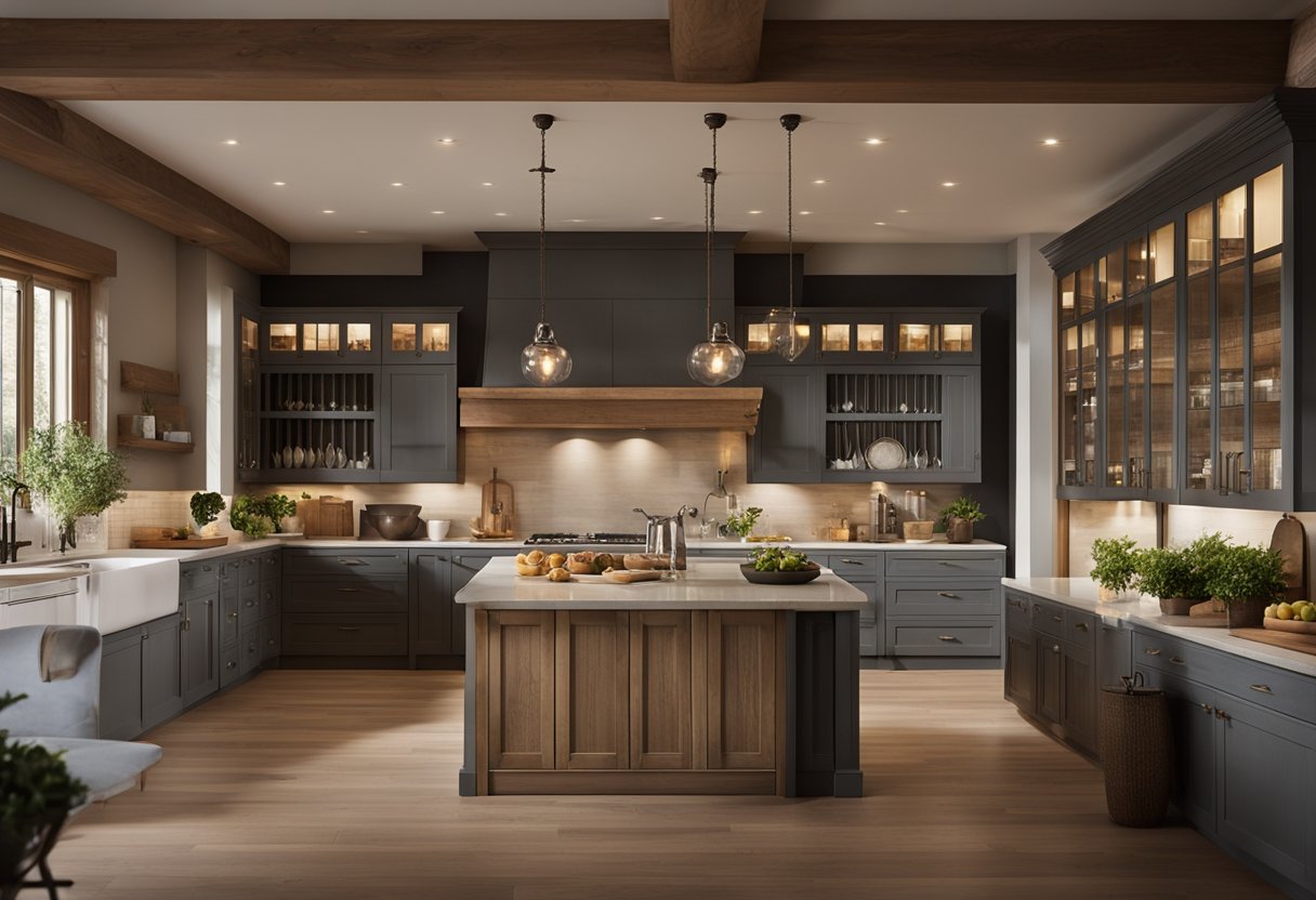 A spacious farmhouse kitchen with rustic wooden cabinets and a large central island. Soft, warm lighting creates a moody atmosphere, while the layout allows for efficient movement and flow