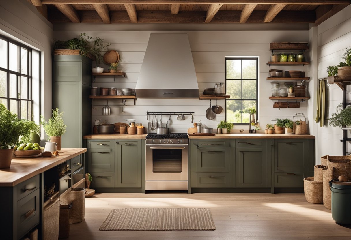 A rustic farmhouse kitchen with sustainable materials, natural lighting, and energy-efficient appliances. Compost bin and recycling station visible