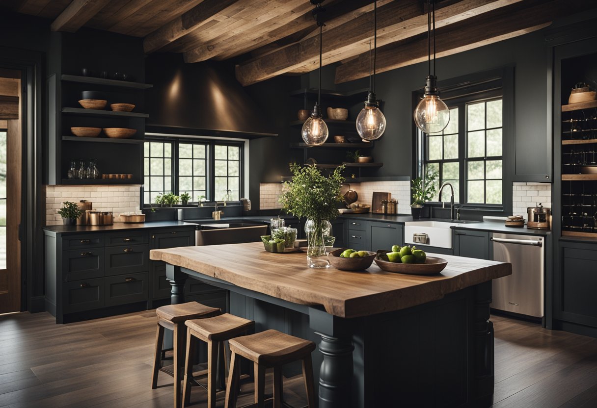 A rustic farmhouse kitchen with dark, moody colors, exposed wood beams, vintage pendant lighting, and modern appliances