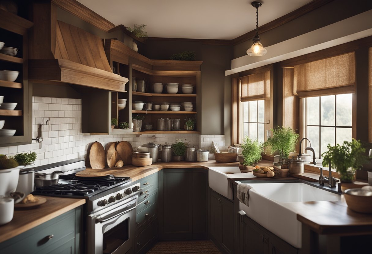 A cozy farmhouse kitchen with dim lighting, rustic wooden cabinets, and vintage decor. A large farmhouse sink sits beneath a window, while a pot of soup simmers on the stove