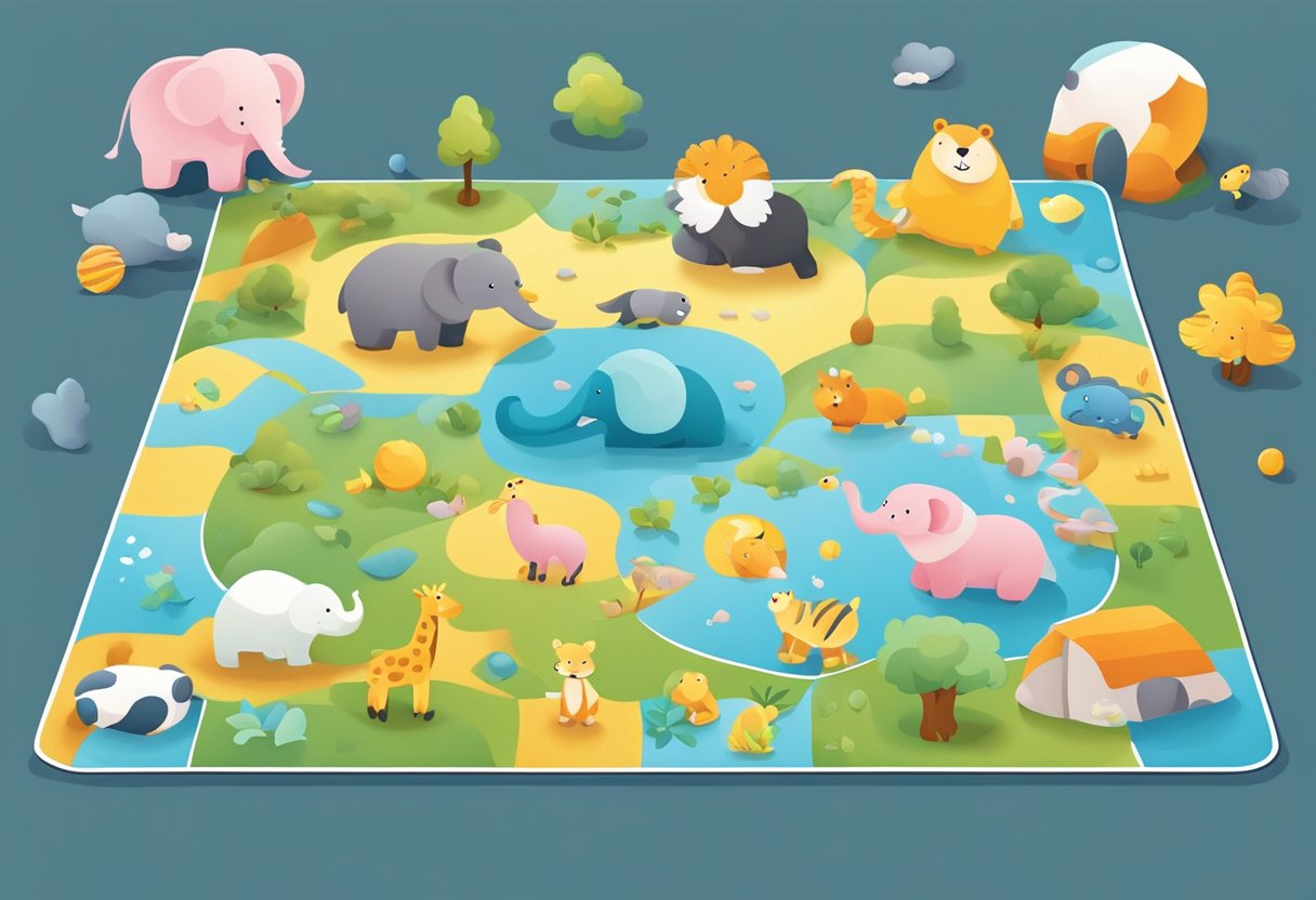 A colorful, soft playmat with various shapes, animals, and interactive elements for babies to explore and enjoy