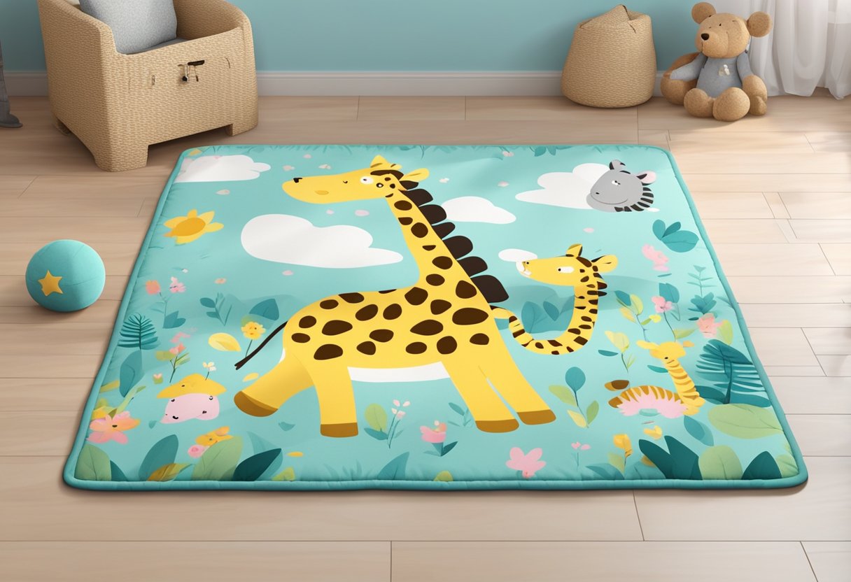 A colorful baby playmat with animal prints and soft padding displayed in a well-lit nursery room