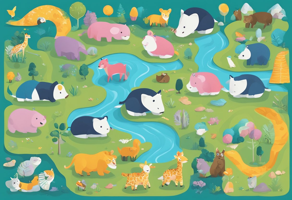 A colorful playmat with bold text "Frequently Asked Questions Spielmatte für Baby" surrounded by playful animal and shape illustrations