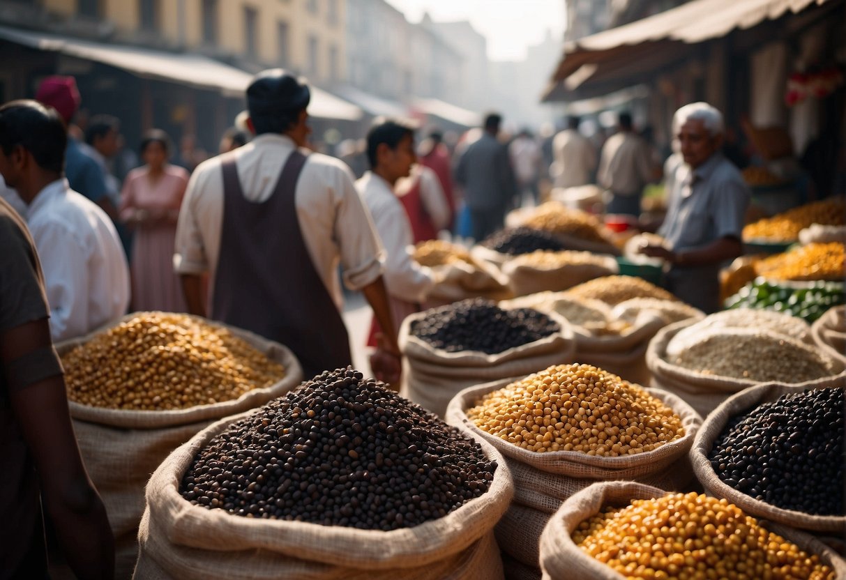 A bustling marketplace with vendors selling black chickpeas in sacks, surrounded by historical buildings and people in traditional attire