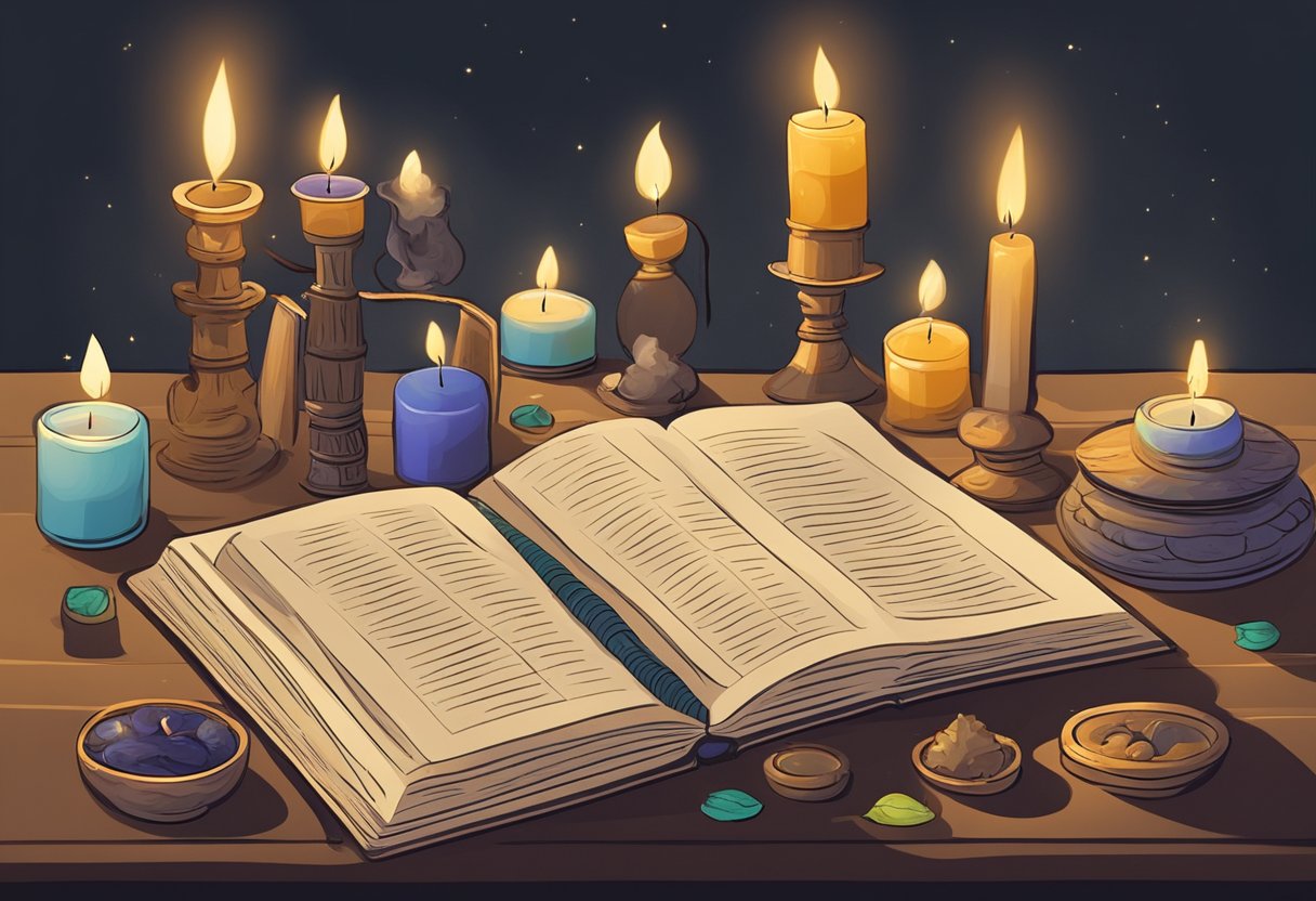 A table covered in various ritual items, candles, and incense. A book open to a page on separation rituals. A faint glow from the candles