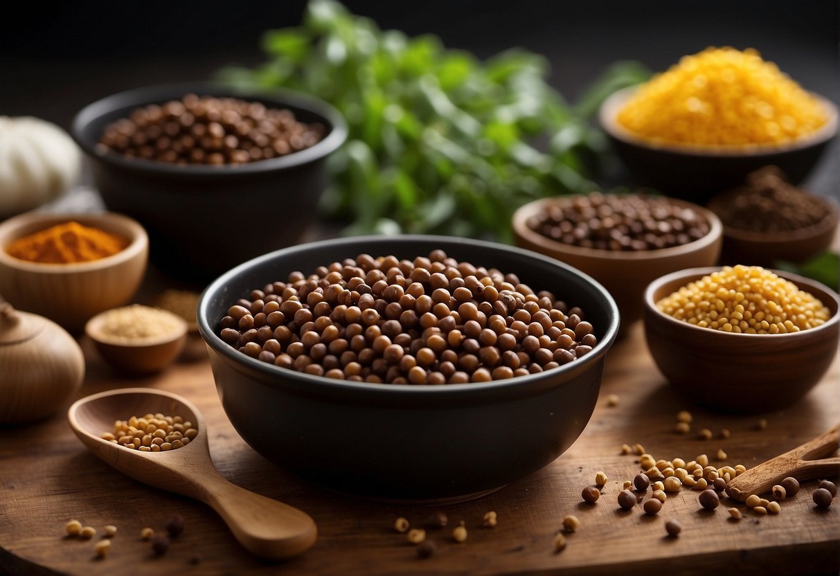 Black chickpeas soaking in water, a pot on the stove, and spices laid out on a cutting board