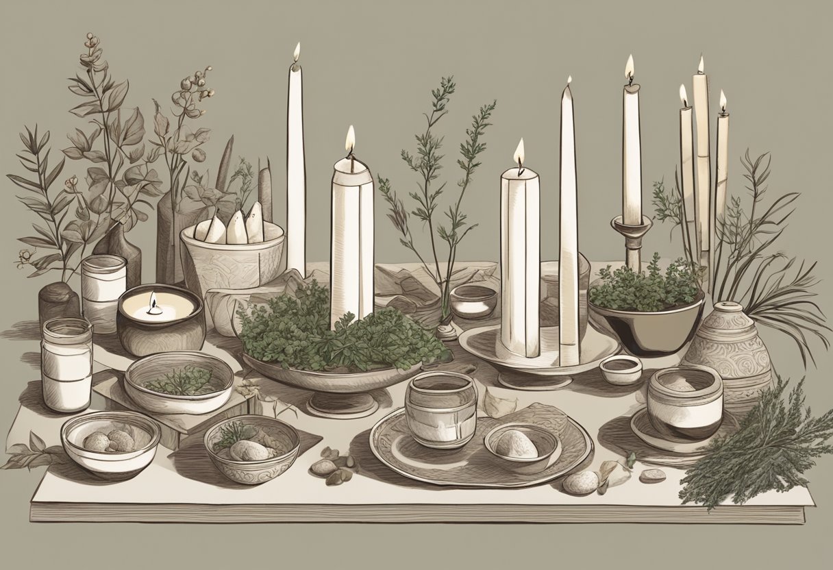 A scene of ritual objects arranged for a separation ritual, including candles, herbs, and written spells