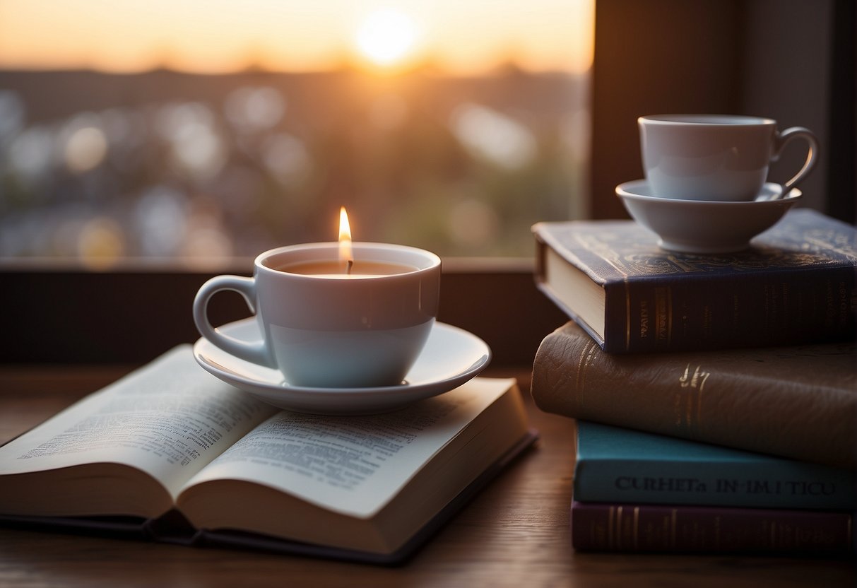 A cozy blanket surrounded by books, candles, and a hot cup of tea. A journal and pen sit nearby for reflection. A soothing playlist plays in the background