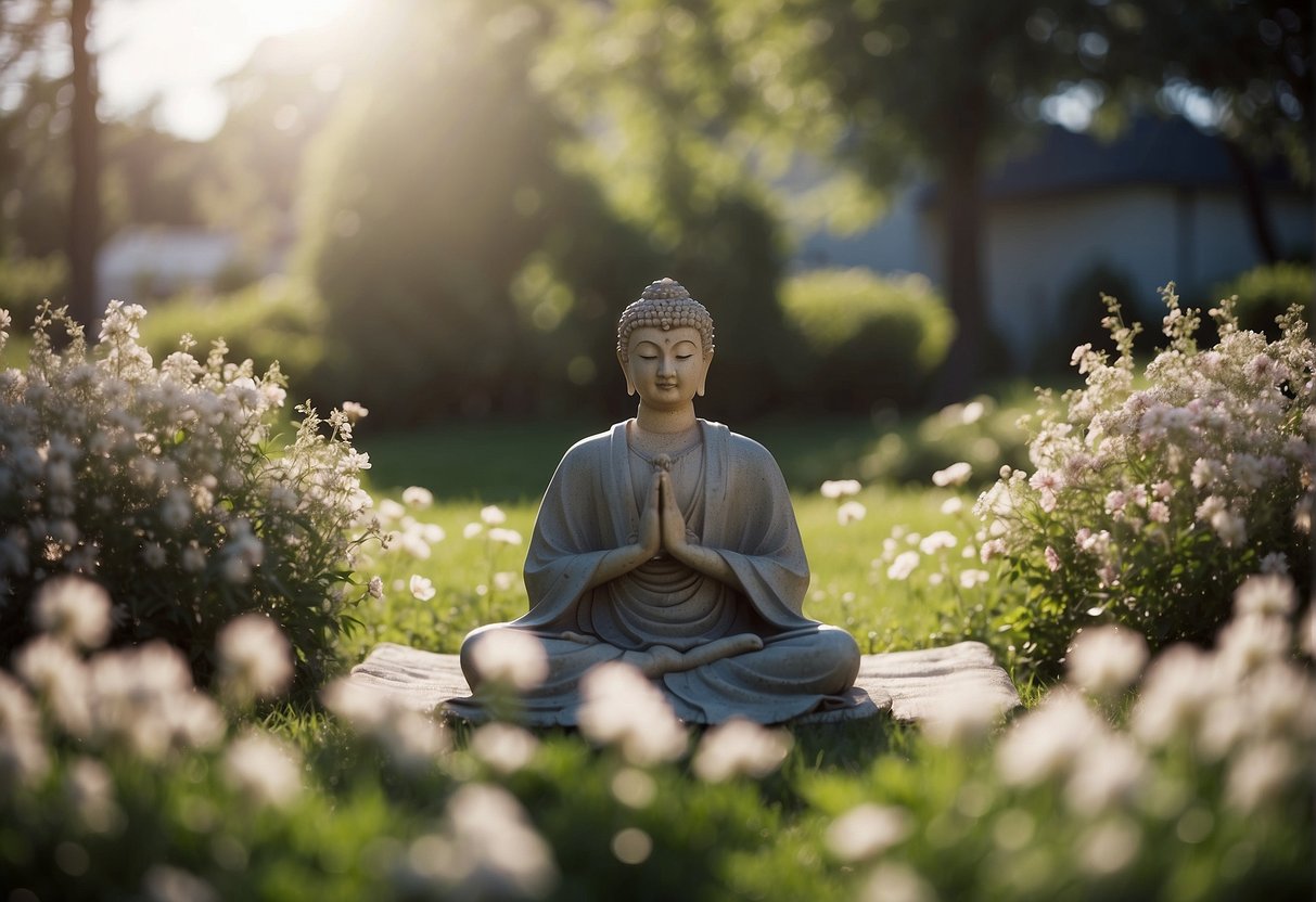 A serene figure surrounded by blooming flowers, meditating in a tranquil garden, symbolizing emotional healing and self-love after a breakup