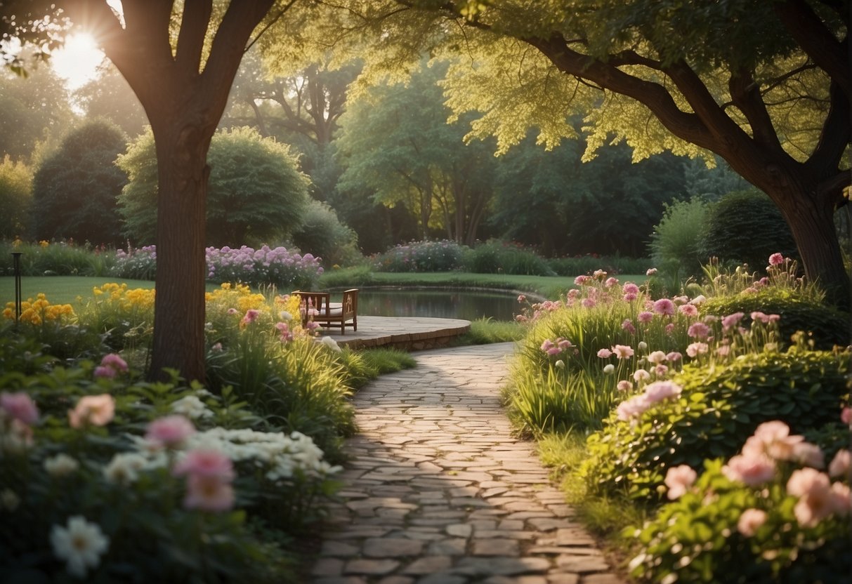 A peaceful garden with a variety of blooming flowers, a winding path leading to a tranquil pond, and a cozy reading nook under a shady tree