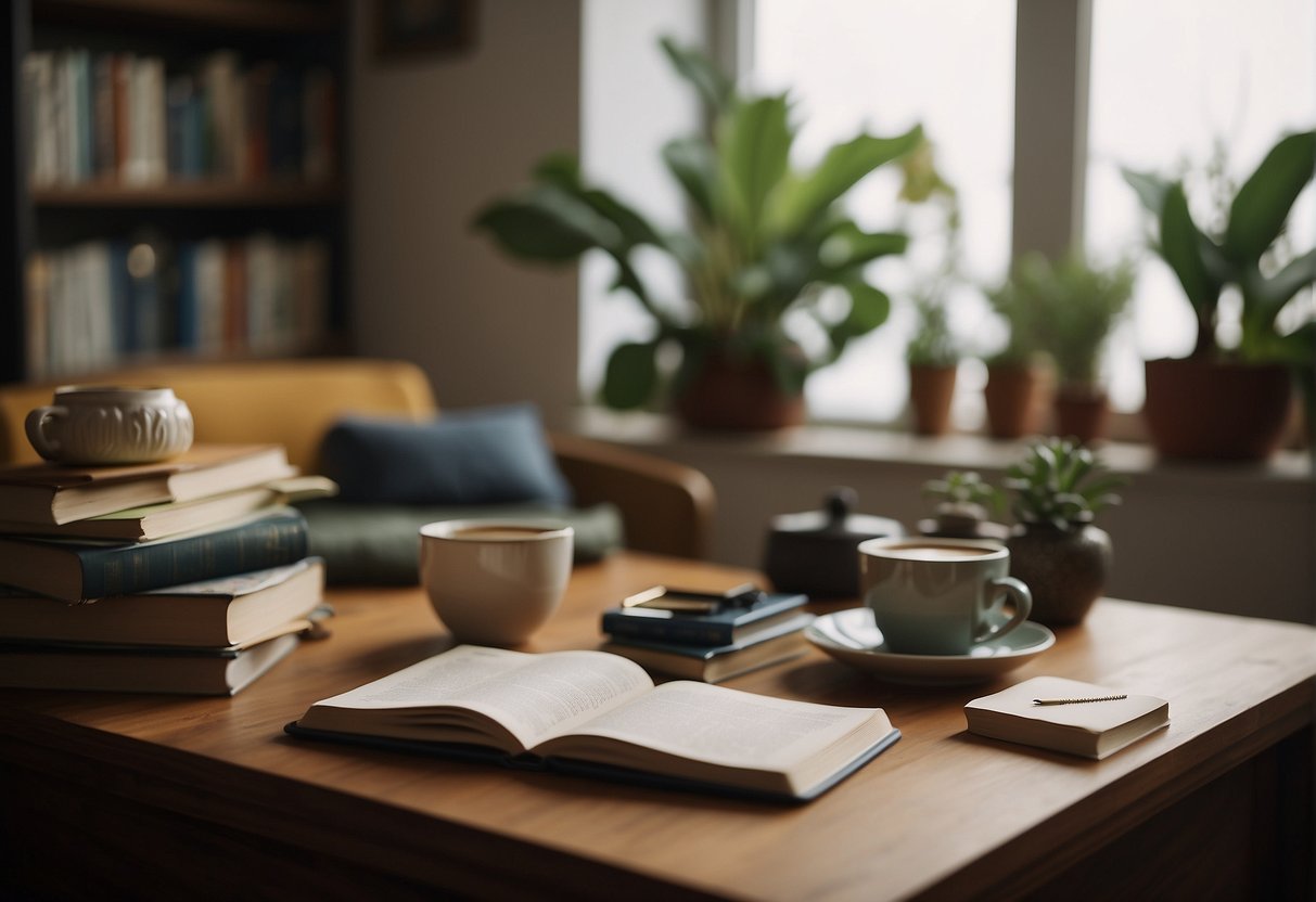 A cozy living room with a person writing in a journal, surrounded by books, plants, and a warm cup of tea. A phone with messages from supportive friends sits nearby