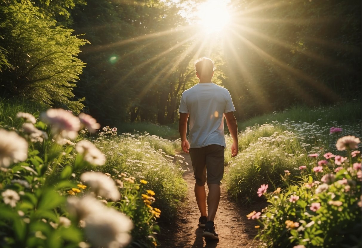 A person walking on a path surrounded by blooming flowers and lush greenery, with a bright sun shining overhead. The path leads towards a peaceful, serene setting, symbolizing self-love and positivity after a breakup