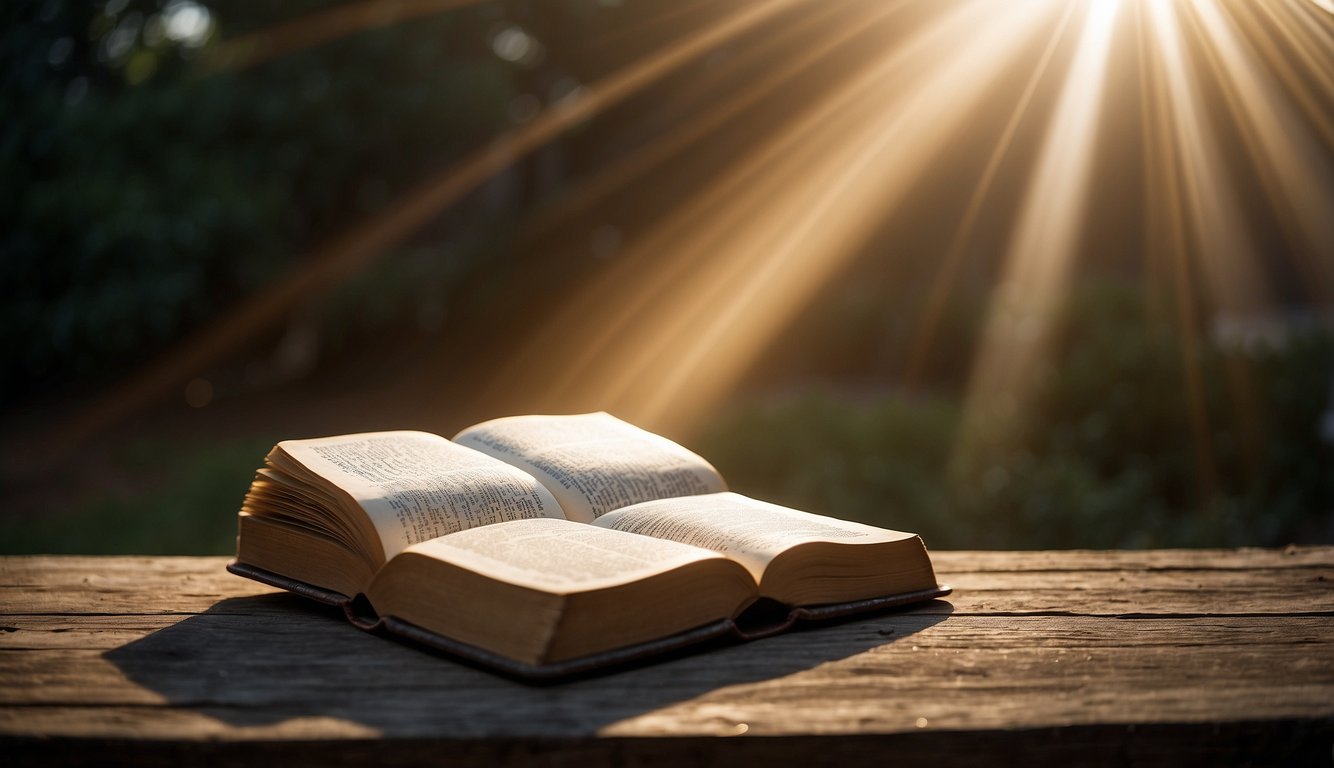 A bright light shines down from the heavens onto an open Bible, with a path leading towards it. A sense of peace and hope emanates from the scene