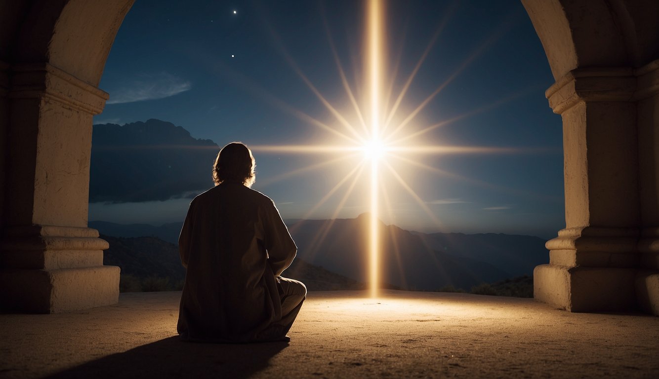 A person kneeling in prayer, with a glowing light shining down from above, symbolizing the acceptance of Jesus Christ and becoming a Christian according to the Bible