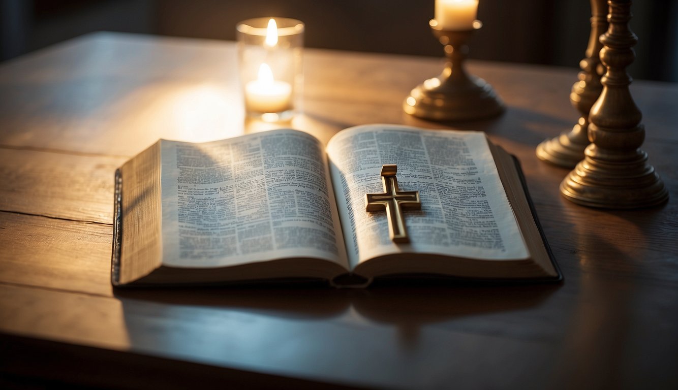 A Bible open on a table, with a beam of light shining down on it, surrounded by symbols of faith such as a cross, dove, and praying hands