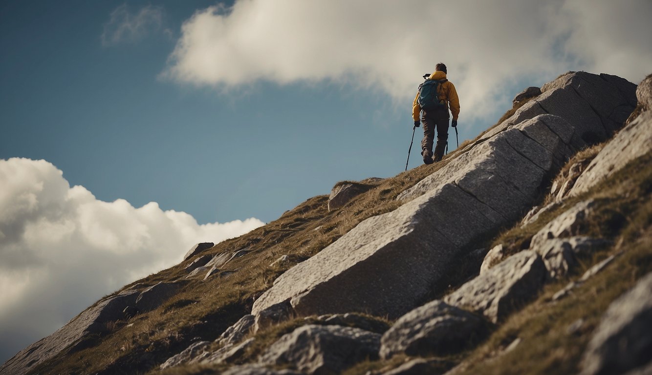 A lone figure climbs a steep mountain, facing obstacles and persevering. The Bible rests open at the summit, symbolizing the journey to becoming a Christian