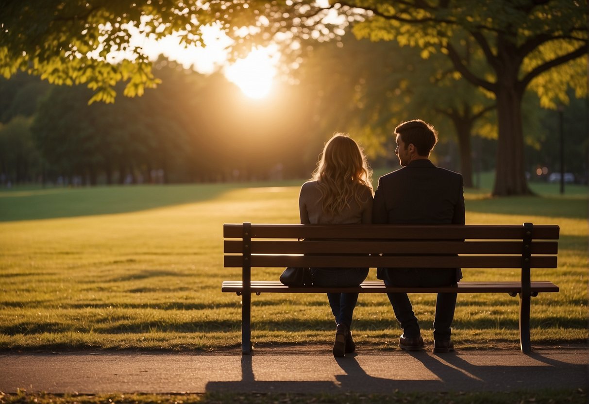 A couple sits on a park bench, facing away from each other. The setting sun casts a warm glow as they both look pensive, lost in thought