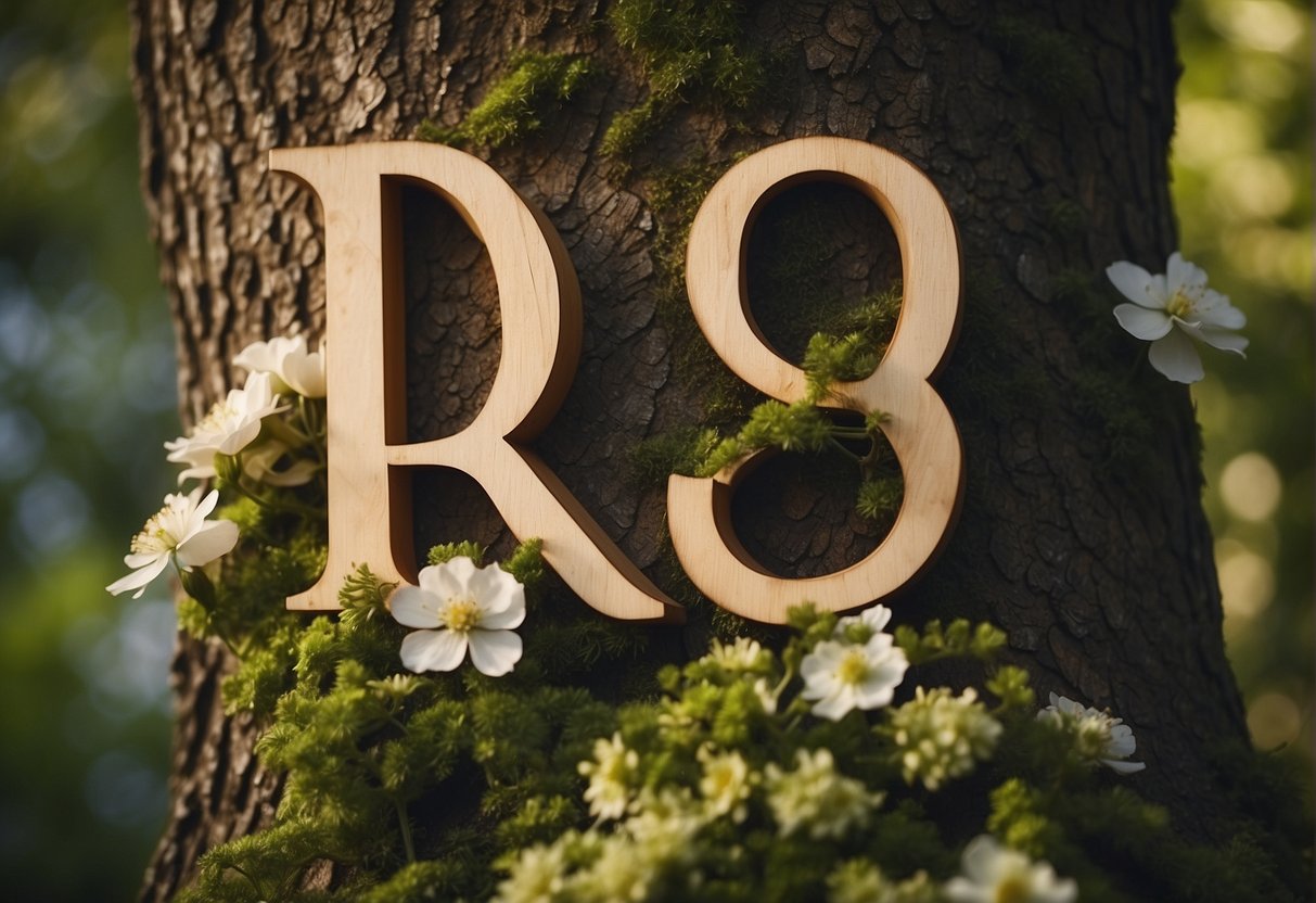 A couple's initials carved into a tree, surrounded by new growth and blooming flowers, symbolizing the rekindling of a relationship with an ex