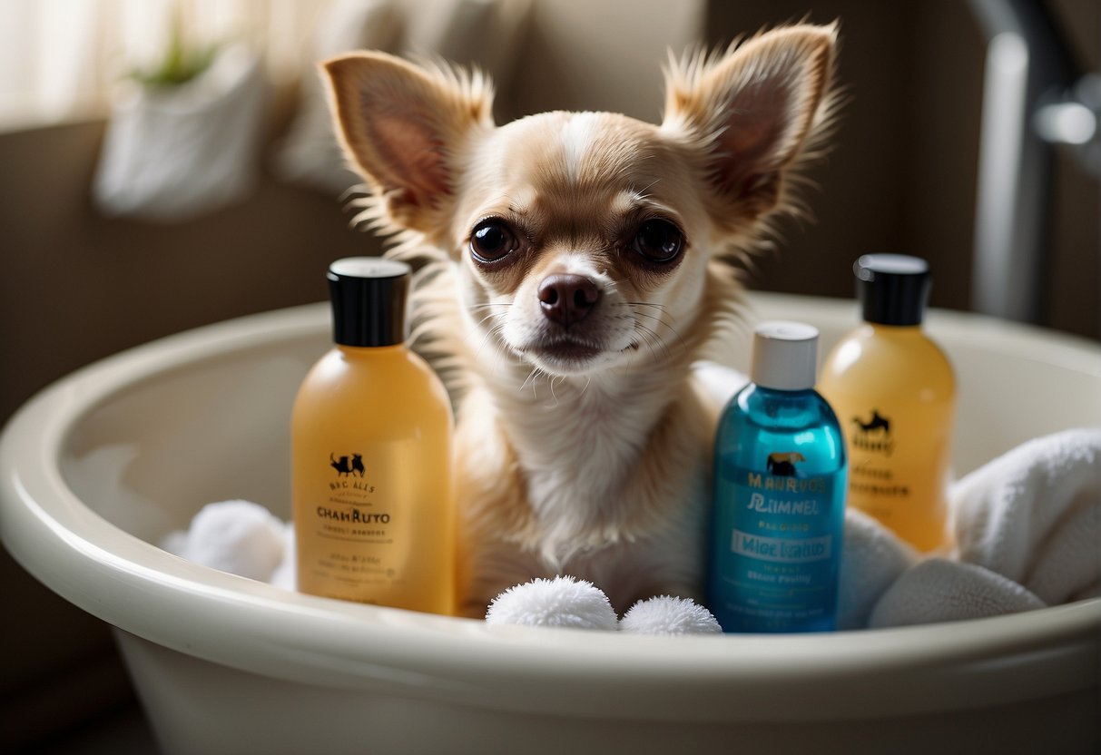 A chihuahua being gently bathed in a small tub, surrounded by bottles of dog shampoo and a fluffy towel ready for drying