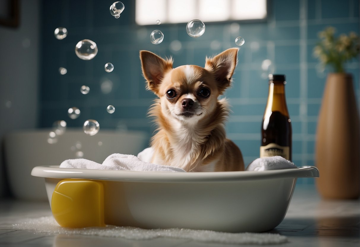 A chihuahua stands in a bathtub, surrounded by bottles of dog shampoo and a fluffy towel. The water is running, and bubbles float in the air