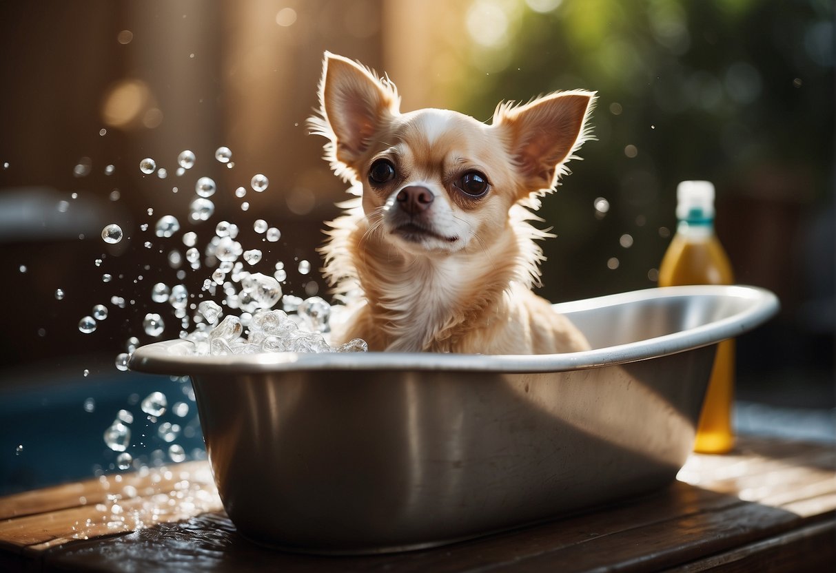 A chihuahua being bathed in a small tub, surrounded by bottles of dog shampoo and towels, with water splashing and bubbles floating in the air