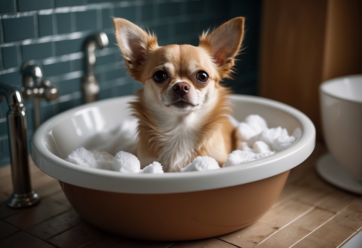 A chihuahua being gently bathed with a small brush and shampoo in a shallow tub, surrounded by fluffy towels and a calm, attentive owner