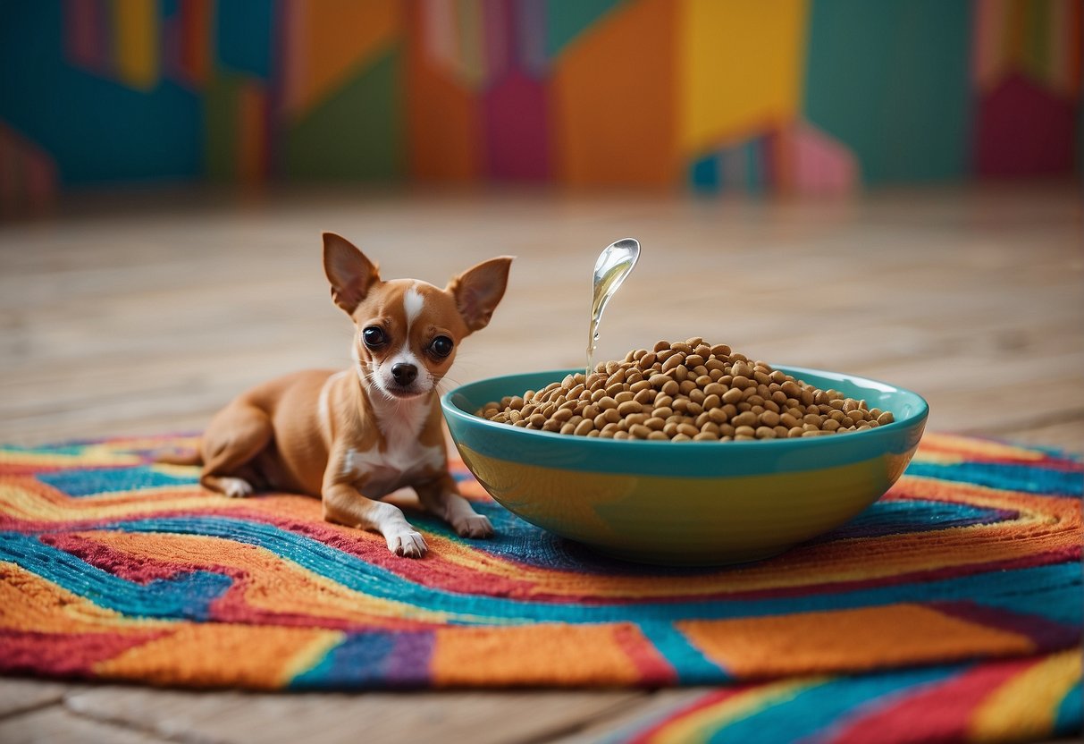 A small bowl of kibble sits on a colorful mat. A hand pours water into a matching bowl. A content chihuahua waits nearby