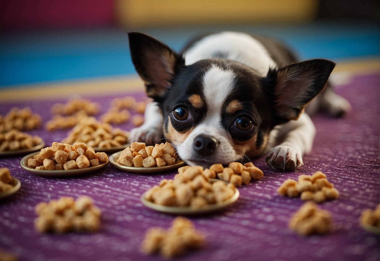 A small bowl of dog food sits on a colorful mat. A Chihuahua eagerly eats from the bowl, surrounded by a few scattered kibbles