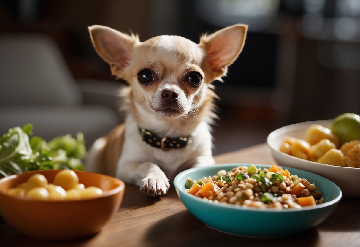 A chihuahua is eagerly eating from a small bowl of specialized food, with a healthy and vibrant appearance. The surrounding environment is clean and bright, with a sense of care and attention to the dog's diet
