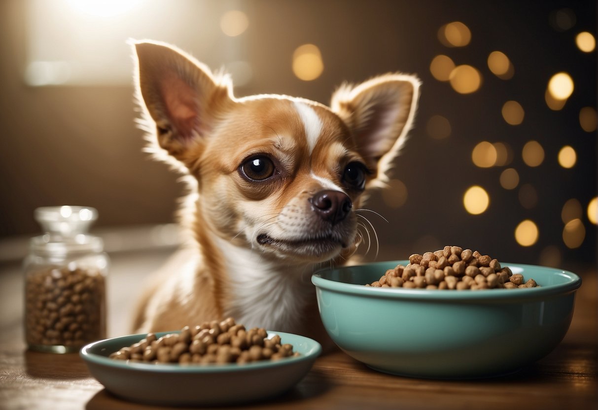 A small bowl filled with high-quality dog food, next to a water dish, and a happy chihuahua eagerly eating from the bowl