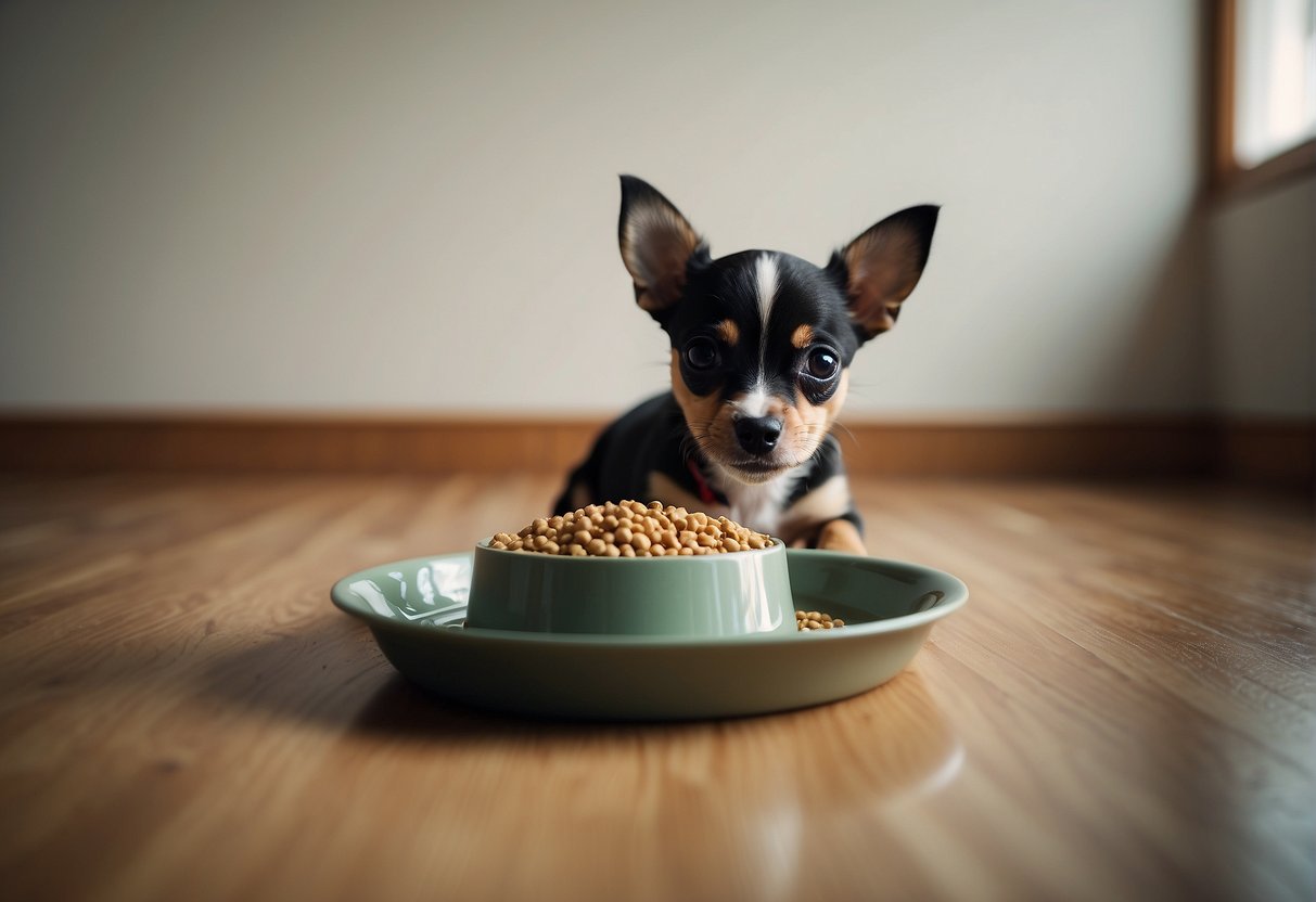 A small bowl of high-quality puppy food sits on the floor, next to a tiny water dish. A chihuahua puppy eagerly eats from the bowl, its tail wagging with excitement