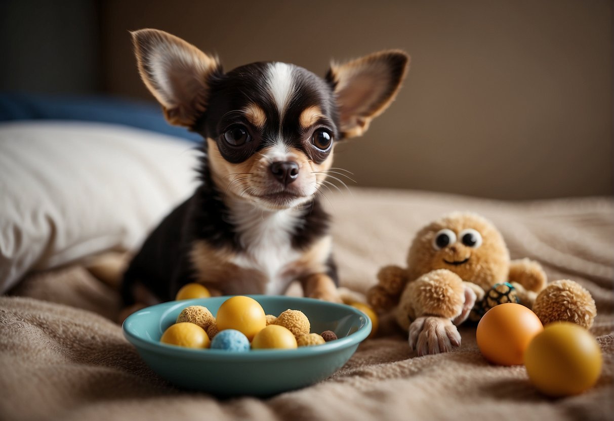 A small chihuahua puppy eating from a bowl of high-quality puppy food, surrounded by small toys and a comfortable bed