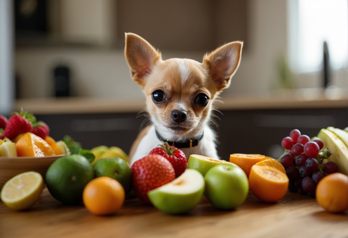 A chihuahua puppy eagerly eats from a small bowl of specialized puppy food, surrounded by vibrant and healthy fruits and vegetables