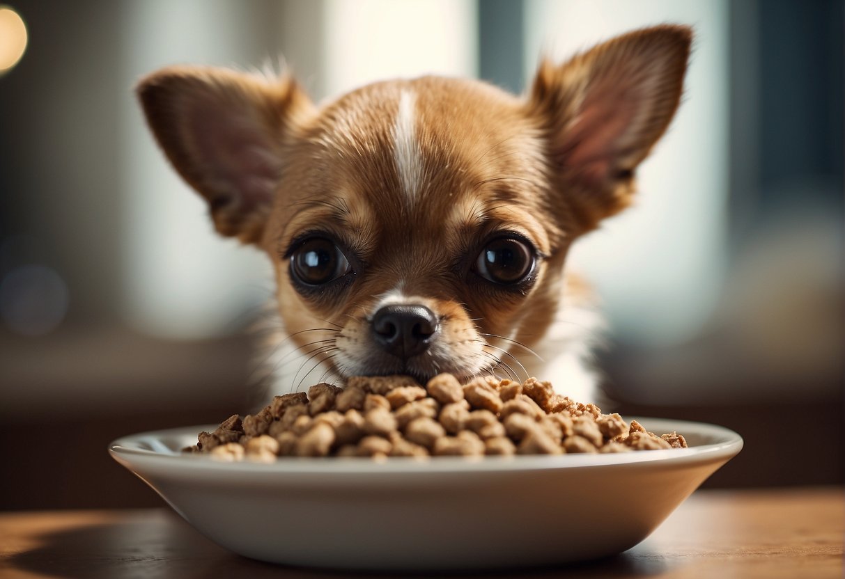 A small chihuahua puppy eagerly eating from a bowl of kibble, with a concerned owner looking on