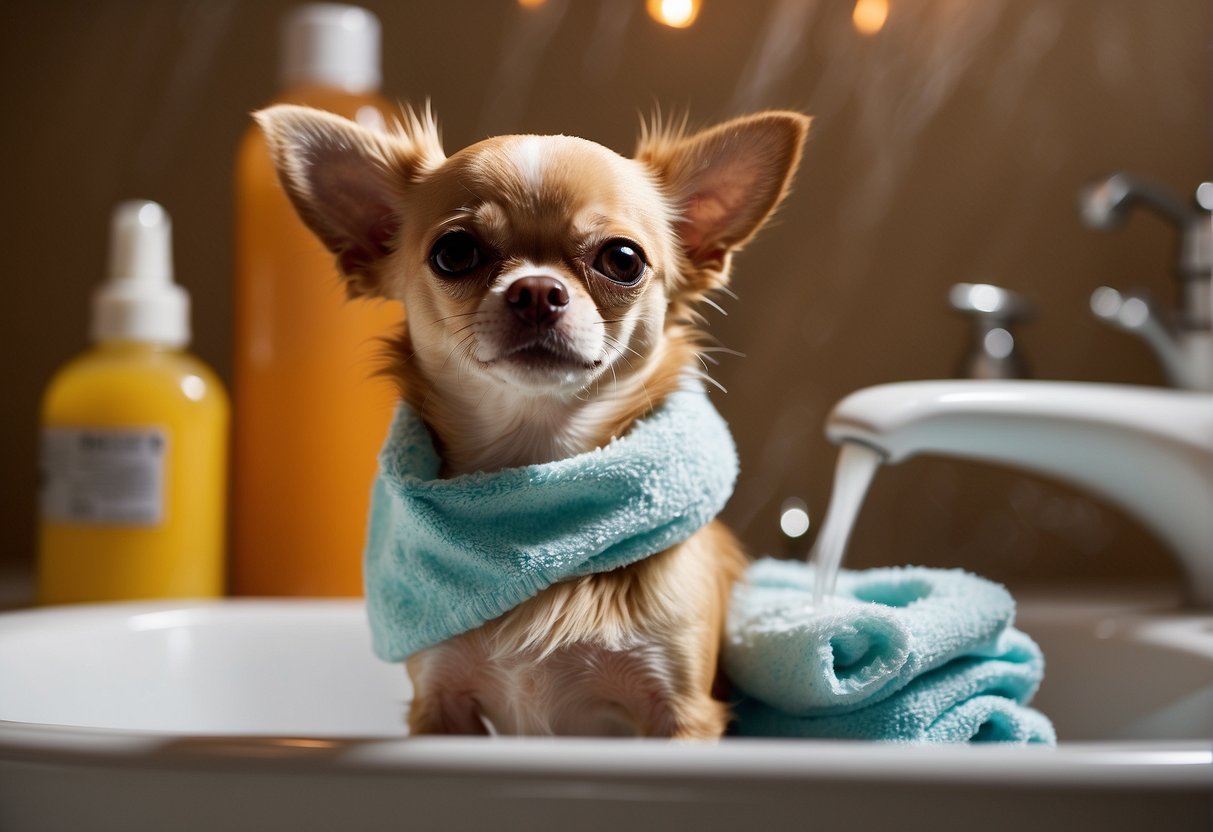 A chihuahua being gently bathed in a small tub with a soft brush and shampoo, surrounded by towels and grooming supplies