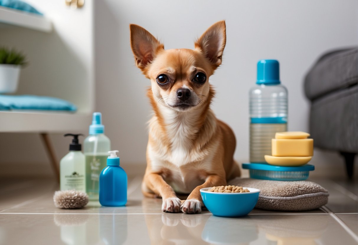 A Chihuahua standing on a clean, tiled floor, with a shiny water bowl, a fresh dog bed, and a neatly organized collection of grooming supplies nearby